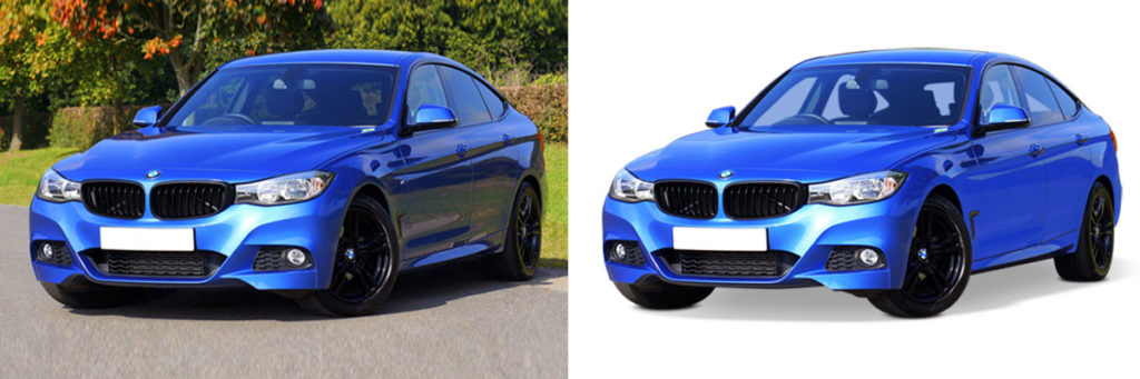 A blue car with its original background and another is with white background